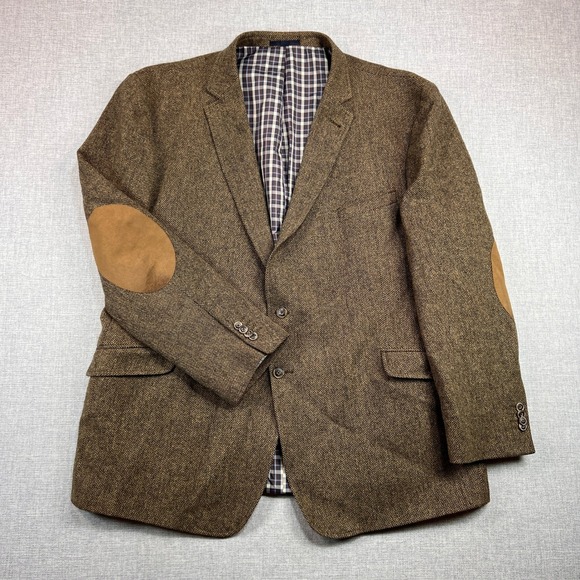Jos A Bank 1905 Wool Tweed Sport Coat Blazer Men 48R Brown Elbow Patch Academia